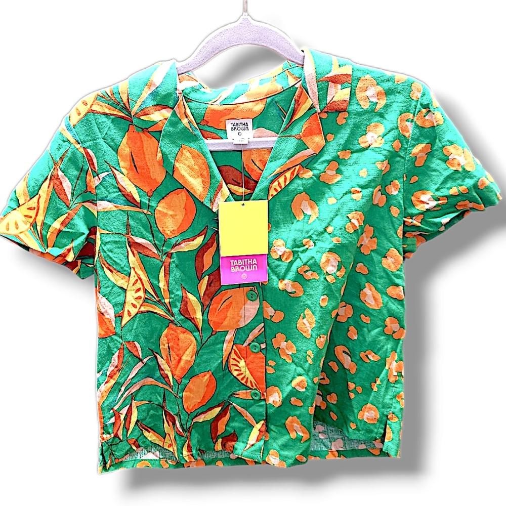 Tabitha Brown Leopard Orange Print Linen Blend Collared Shirt